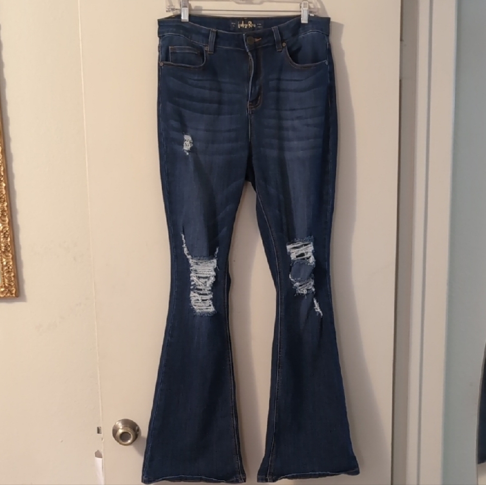 Indigo Rein Blue Flare Wide Leg Jeans with Distressed Details Size W30 L32 1/2